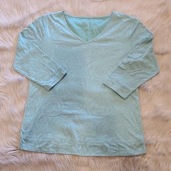 Coldwater Creek Tops - Coldwater creek womens‎ teal 3/4 sleeve illusion rose print v-neck shirt size xs